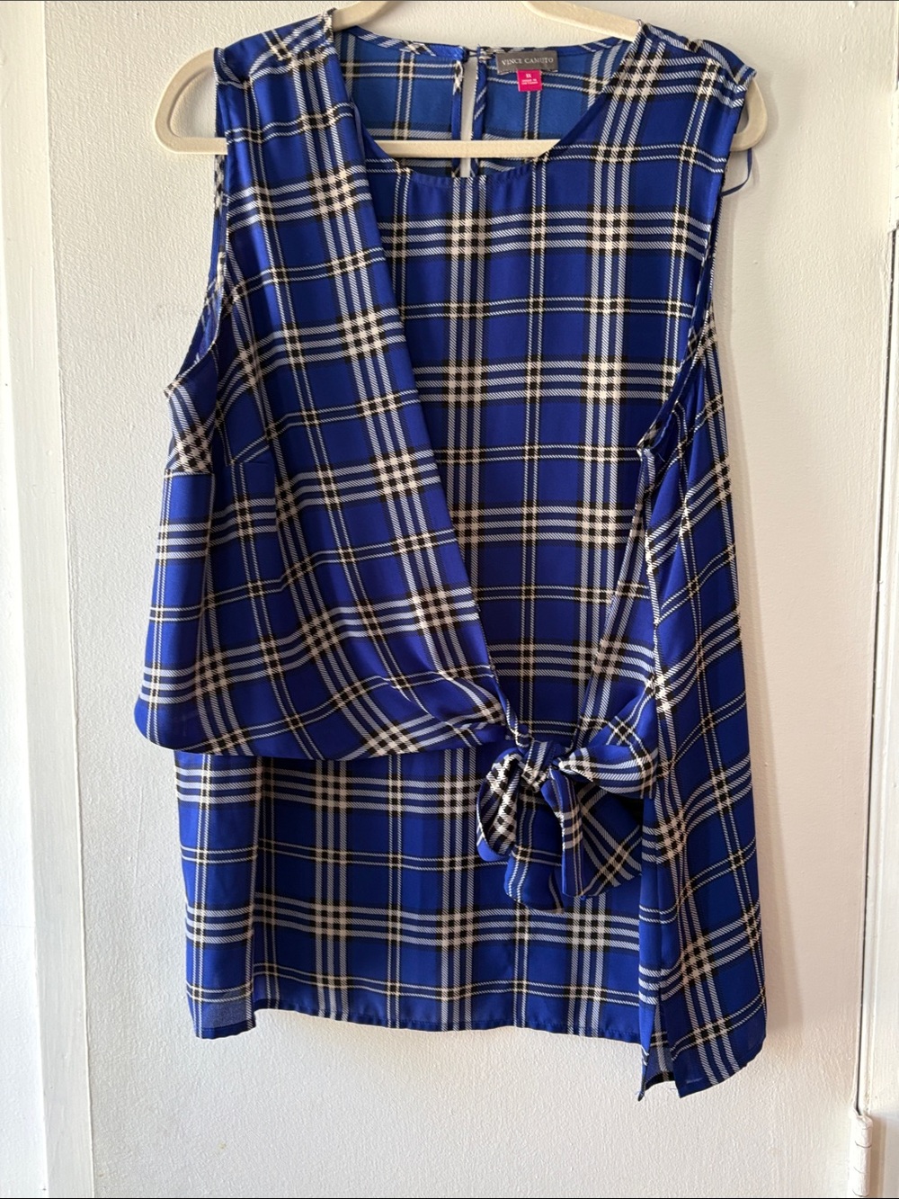 Vince Camuto Blue Plaid Sleeveless Tie-Front Top